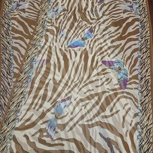 Brown and Cream Zebra-Print Scarf with Blue & Purple Butterflies
